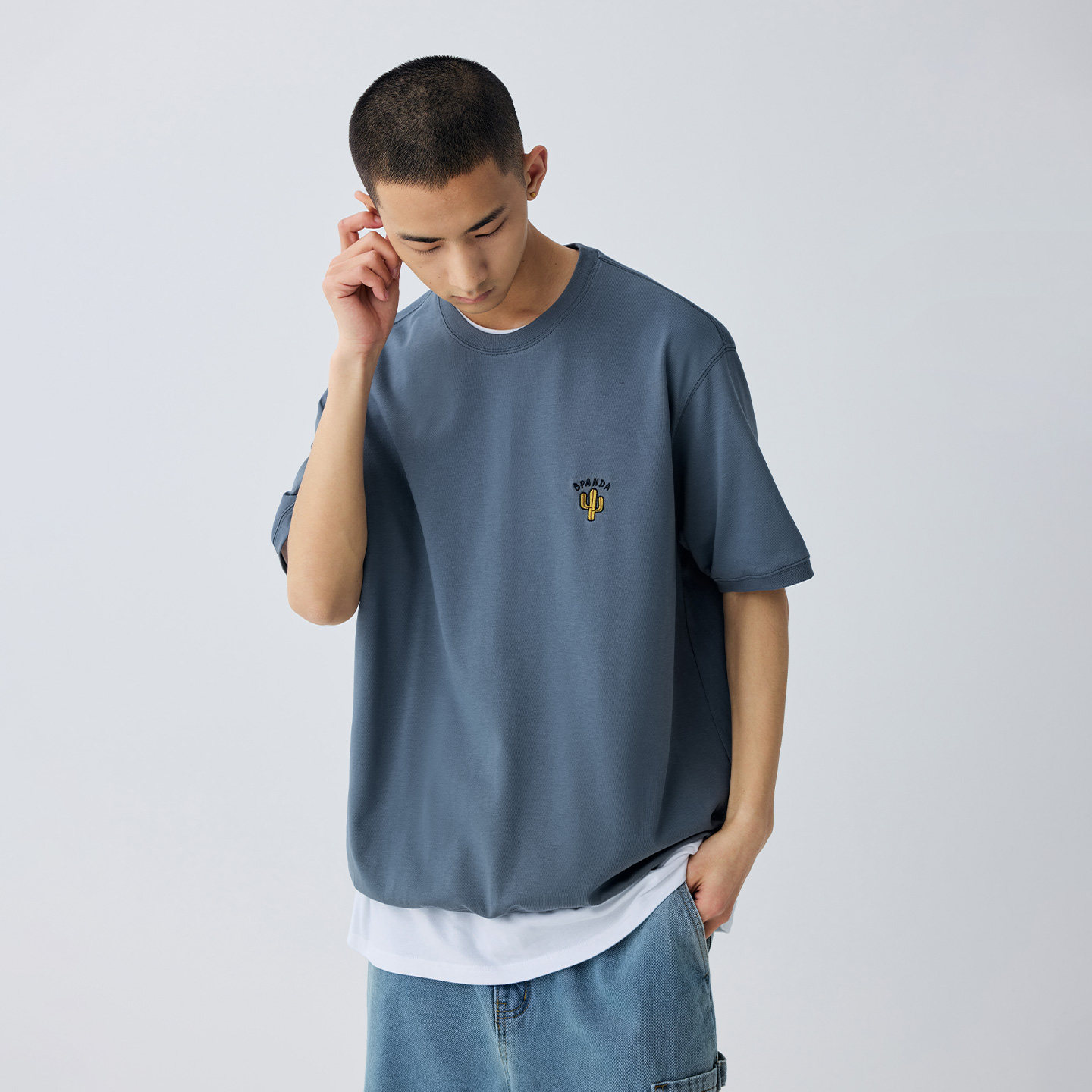 【清仓】BENPANDA 纯棉短袖男刺绣潮流螺纹下摆内搭宽松圆领T恤夏