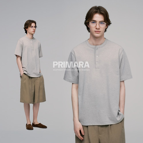 PRIMARA老钱风亨利领纯棉T恤男