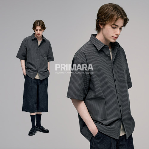 PRIMARA 【条纹衬衫短袖】高级老钱风宽松休闲衬衣男2026夏季新款