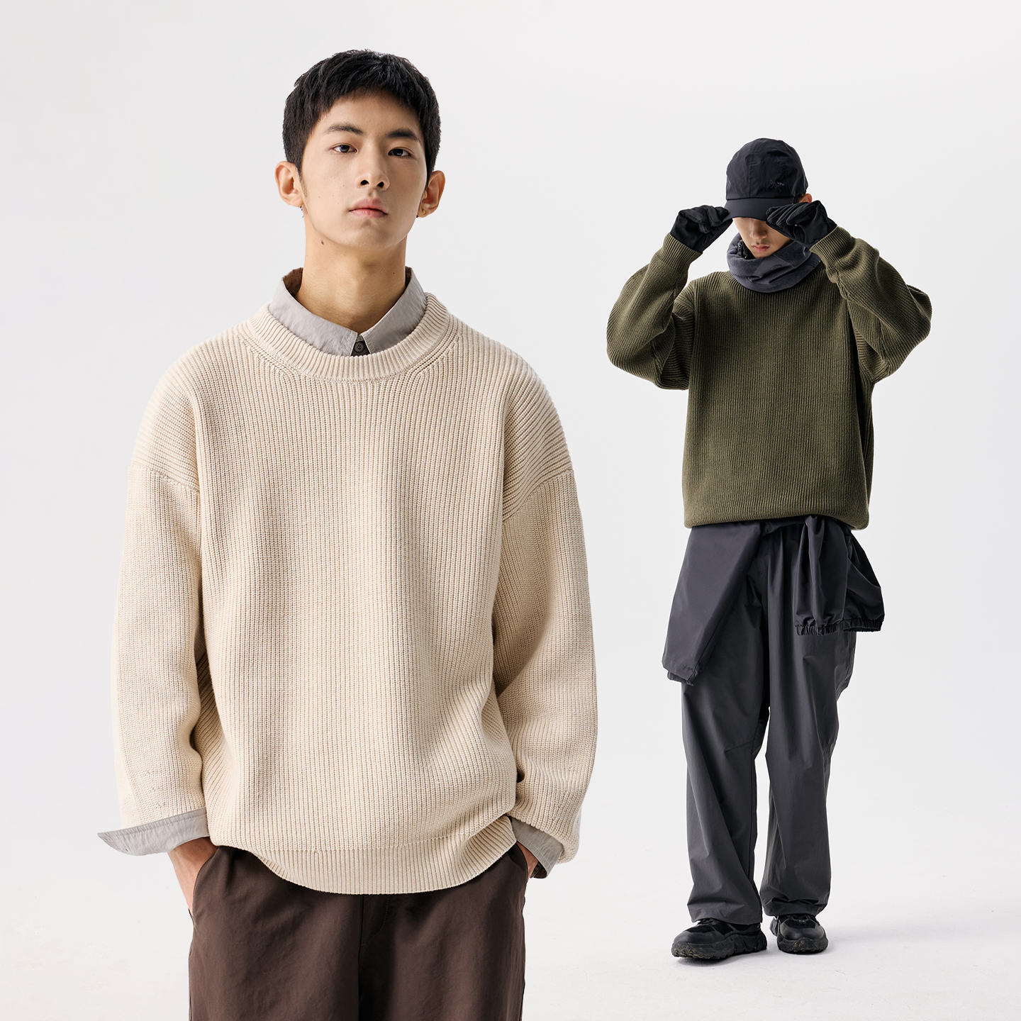 BENPANDA 秋冬款纯色基础圆领毛衣差异织法纹理针织衫保暖上衣