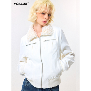 YOALUX冬季时髦毛绒翻领外套女正肩保暖短款拉链休闲工装夹克外套
