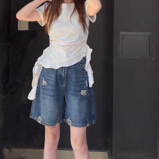 女2025年春夏季 新款 破洞牛仔短裤 薄款 高腰显瘦宽松中裤 直筒五分裤