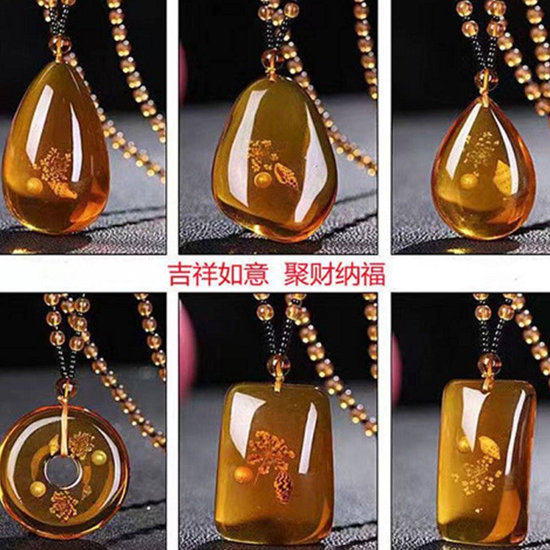 仿巴西植物化石毛衣链仿琥珀蜜蜡水滴平安扣吊坠民族风景区项链