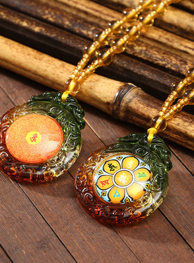 彩色琉璃六字真言吊坠 花边玻璃经文项链 结缘佛像长款毛衣链礼物