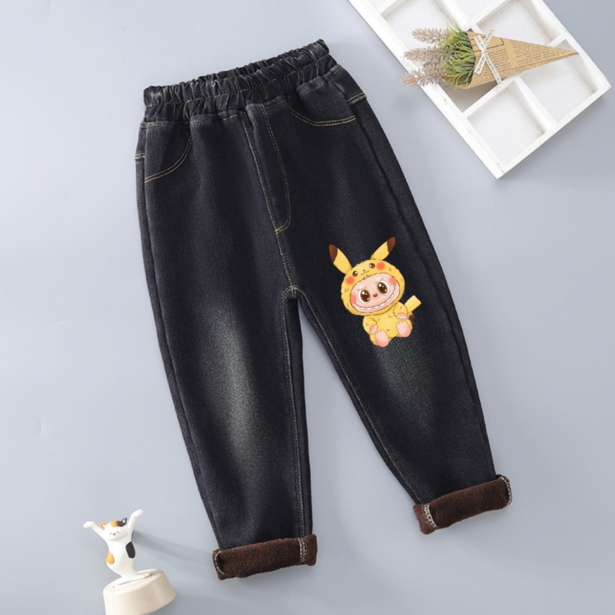 卡通网红儿童牛仔裤男女宝宝秋冬装休闲长裤羊羔绒加绒加棉裤子