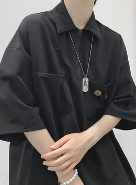 BDLS工作室文艺男女店港风情侣款Polo衫短袖高级感翻领半袖黑t恤