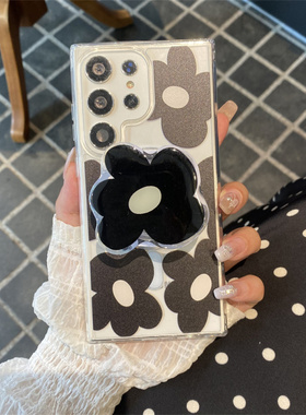 ins韩系风黑色花朵适用三星GalaxyS25Ultra手机壳s24plus磁吸支架S23ultra手链s22+防摔保护套女款