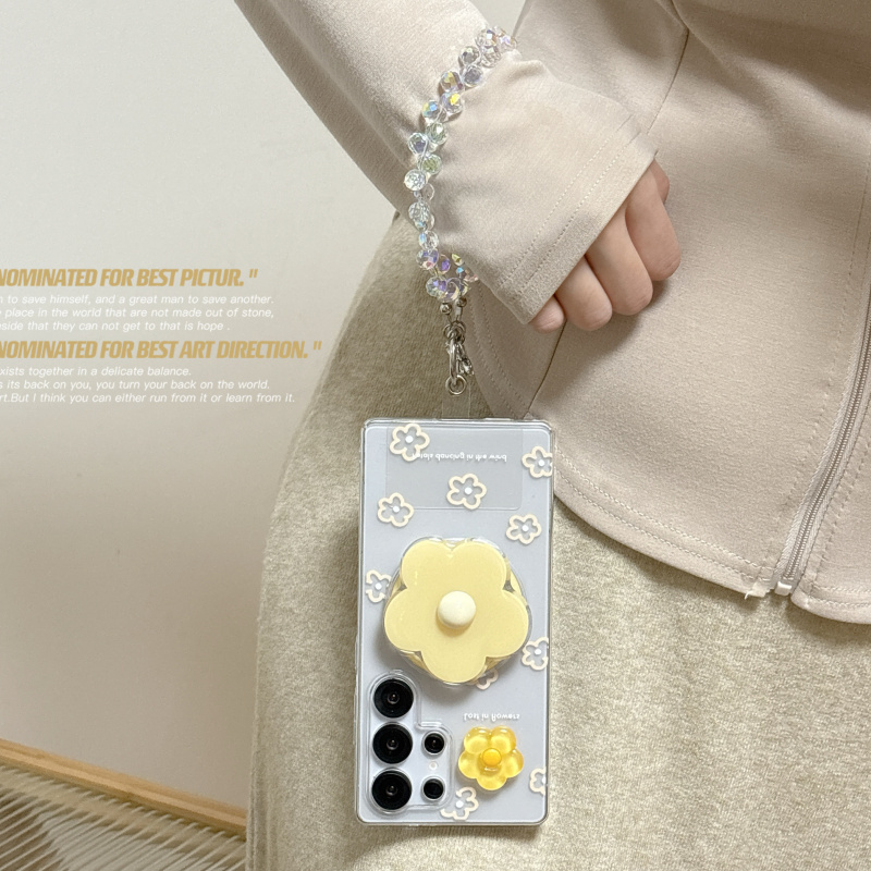韩系ins小清新简约黄色小花朵适用三星GalaxyS25Ultra手机壳S24UItra磁吸支架手链S23UItra全包防摔保护套女