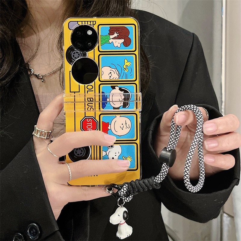 ins韩风卡通史努比学大巴车适用于华为pocket 2手机壳P50pocket宝盒pock外壳折叠屏pocketS保护套手绳男女款