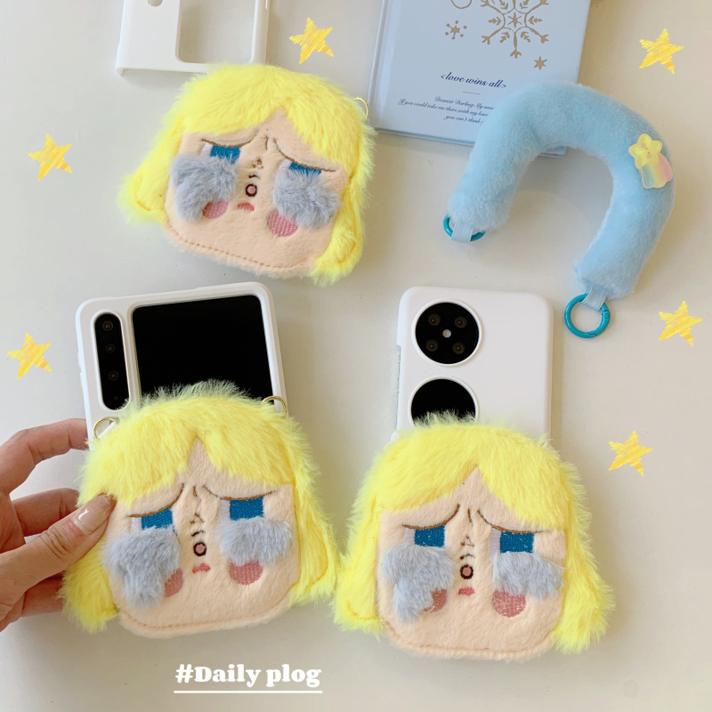 ins日韩秋冬毛绒卡通可爱哭娃适用华为puraX手机壳Pocket2三星zflip7小米MIXFlip折叠屏OPPOFindN3Flip保护套