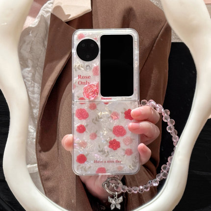 ins创意简约旋转粉玫瑰花纹适用华为puraX手机壳pocket2小米MIXFlip2折叠屏OPPOFindN3Flip三星Zflip7/6/5套