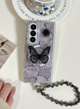 黑色蝴蝶适用三星ZFold7手机壳折叠屏ZFold6磁吸保护套时尚唯美ZFold5防摔壳包中轴W26双面折叠W24个性翻盖