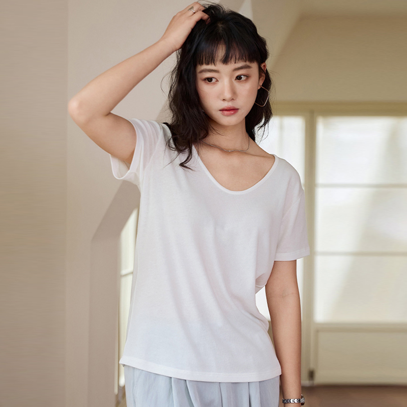 2025新款鹅蛋u领莱赛尔天丝短袖T恤女夏季显瘦遮肉亚麻打底衫上衣