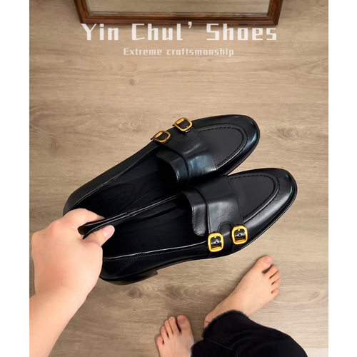 小羊皮英伦风乐福鞋粗跟浅口真皮