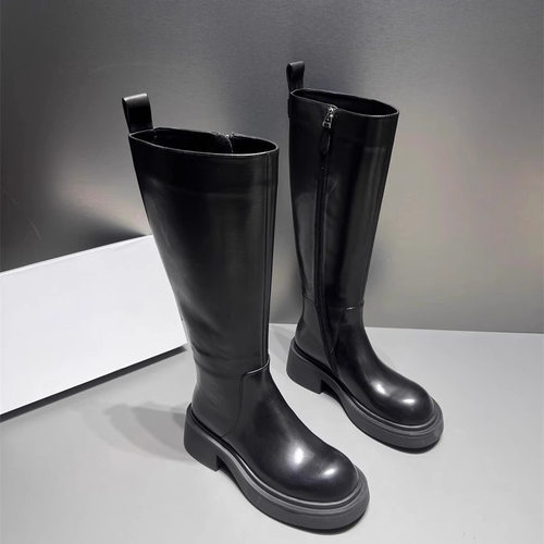 小牛皮厚底长筒靴高筒靴直筒