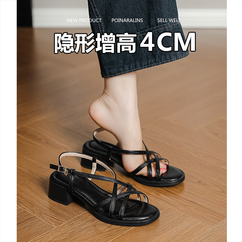 真皮4cm粗跟细带露趾凉鞋女夏2026新款不累脚软底舒适中跟罗马鞋 - 实物图