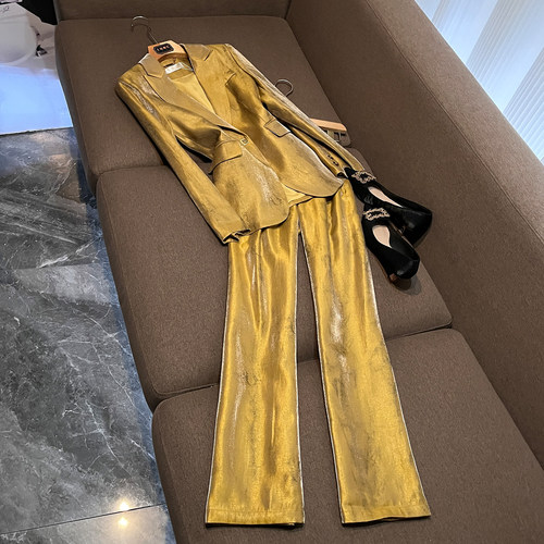 金色西装套装女高级感气质职业装收腰阔腿裤秋季两件套时尚Z490