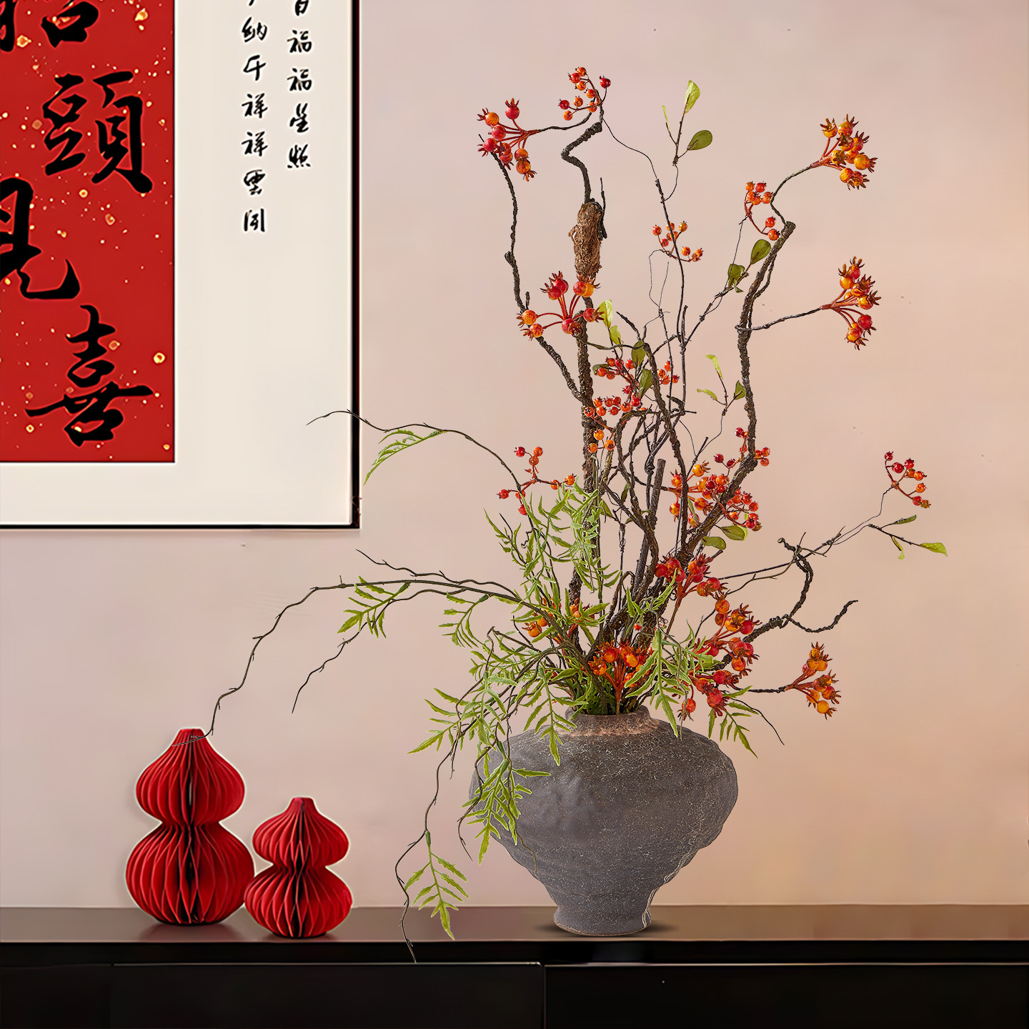 侘寂风花瓶摆件客厅插花宋氏美学餐边柜餐桌花艺高级感红色仿真花,家居饰品,仿真花/假花,淘宝优惠券,粉丝福利购,淘宝优惠卷