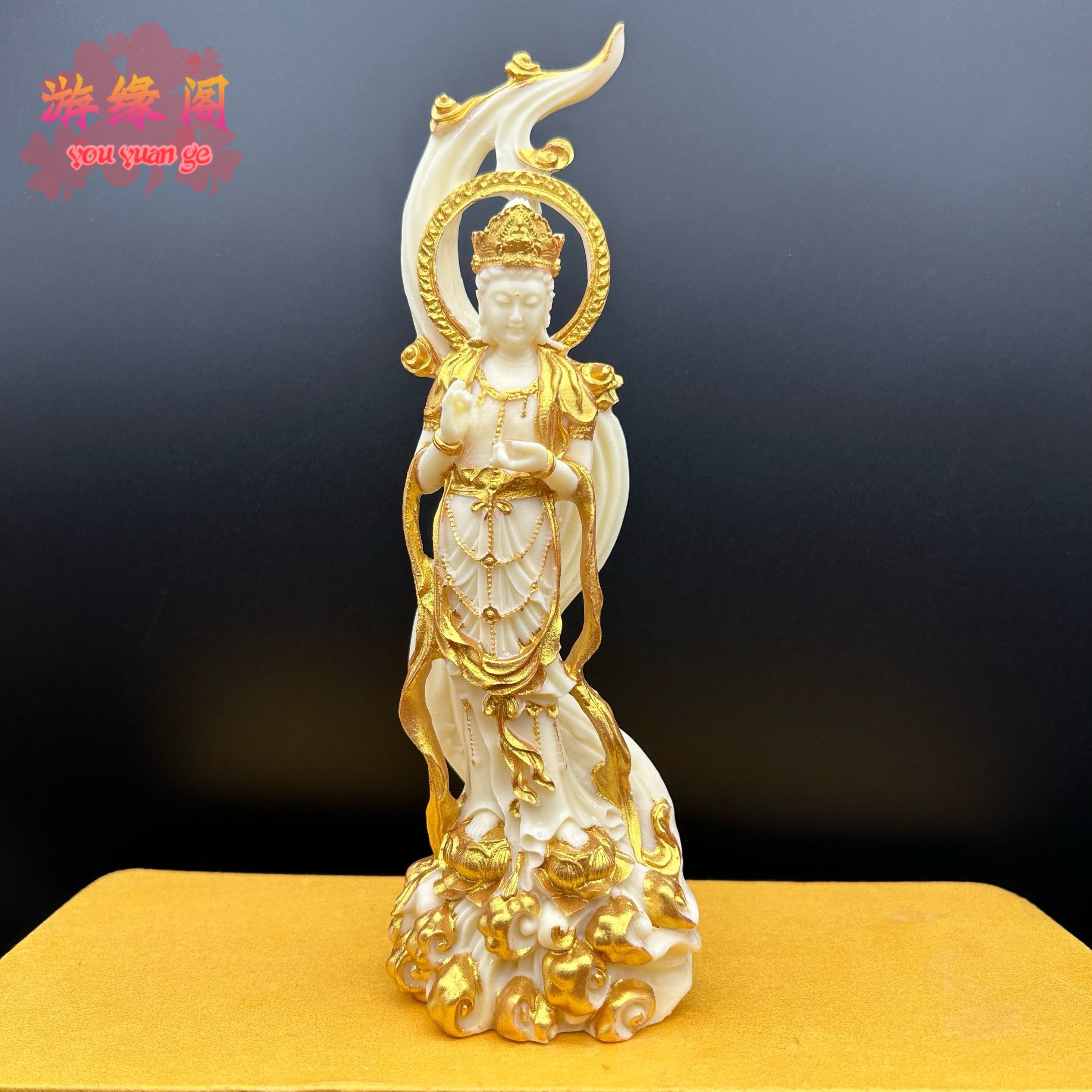 象牙果镀金渡海观音菩萨摆件玄关居家供奉工艺品保平安礼盒装