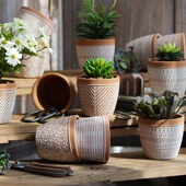 创意红陶花盆 几何图案多肉小花器陶瓷桌面花园阳台艺术风格 北欧