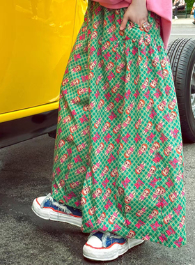 2026新款日系昭和复古童趣娃娃绿色休闲高腰显瘦遮肉宽松阔腿裙裤