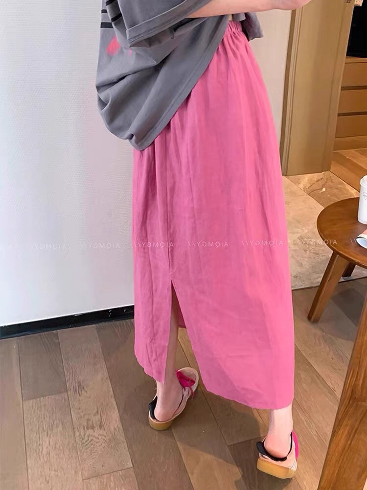 玫红色半身裙女春夏薄款胖MM大半身裙