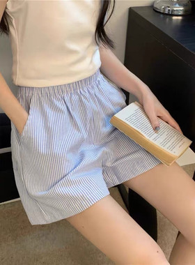 蓝色竖条纹阔腿短裤女夏季2026新款薄款高腰宽松小个子休闲运动裤