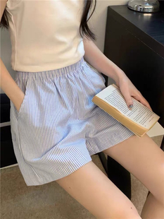 蓝色竖条纹阔腿短裤女夏季2026新款薄款高腰宽松小个子休闲运动裤