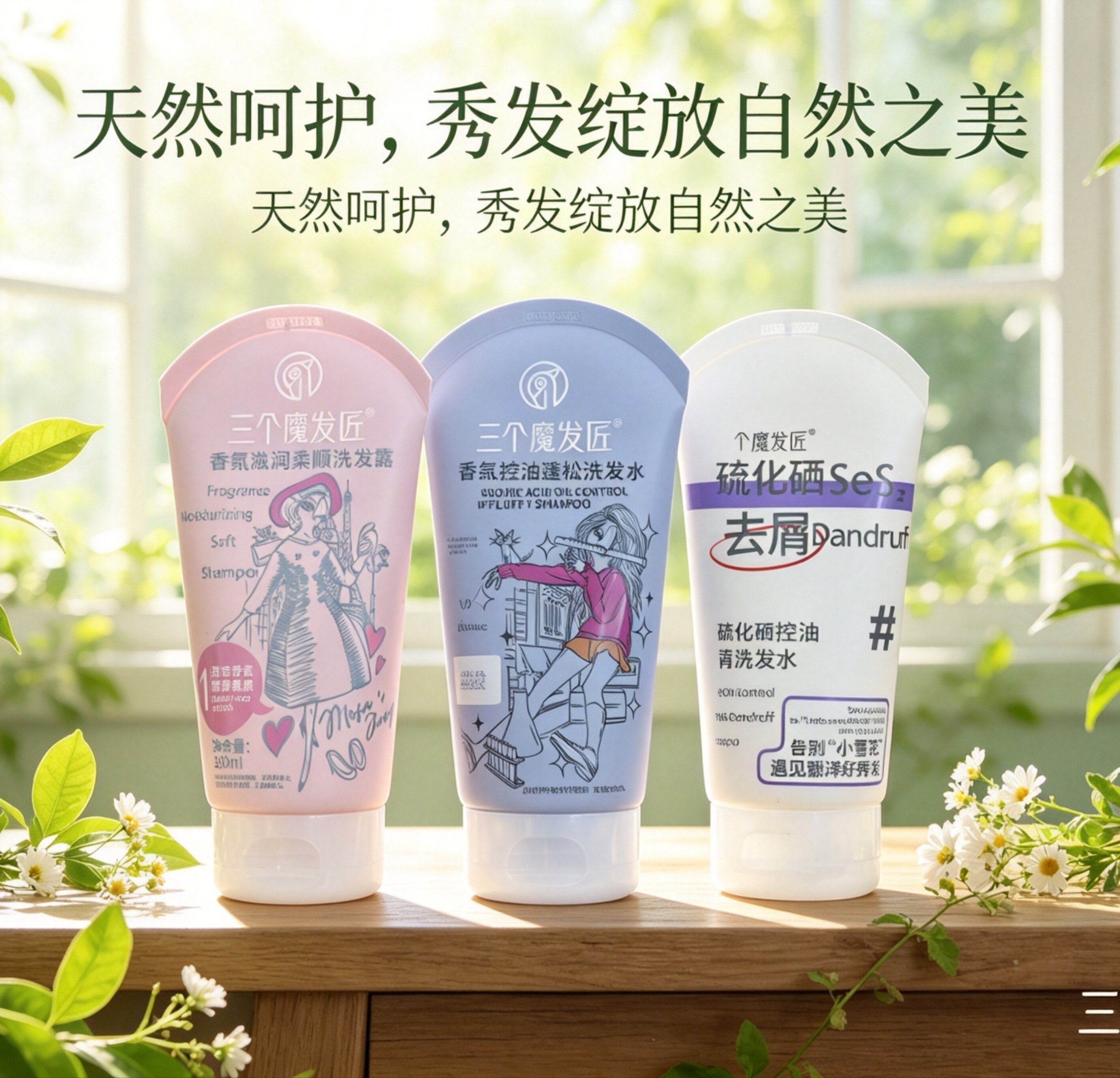 三个魔发匠2支二硫化硒控油去屑玻尿酸蓬松洗发水香氛柔顺洗发露