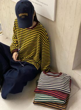 女装2025秋冬新T恤35681休闲文艺复古宽松圆领条纹打底上衣女