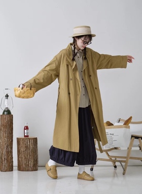 女装32723复古气质双排扣长款纯棉系带宽松休闲风衣外套女2025春