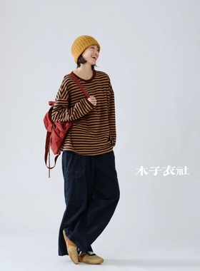 女装2025秋款新卫衣35681休闲文艺日系宽松百搭套头圆领条纹上衣