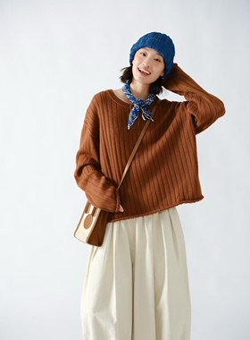 女装2025秋款新毛衣35381休闲文艺宽松简约长袖竖条圆领针织毛衣