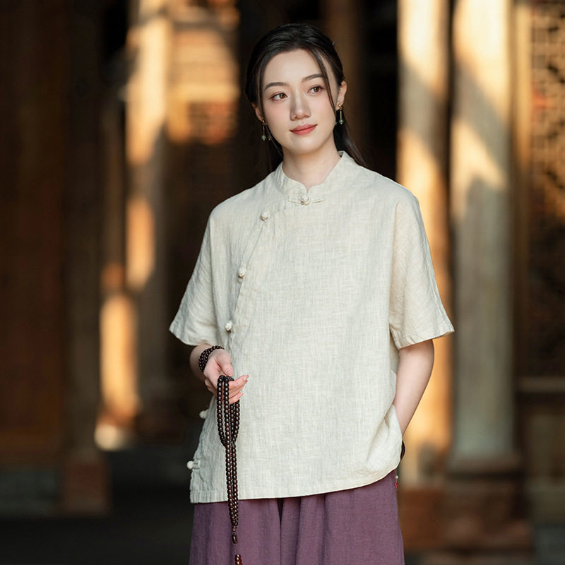 布衣苎麻短袖立领斜襟盘扣中式衬