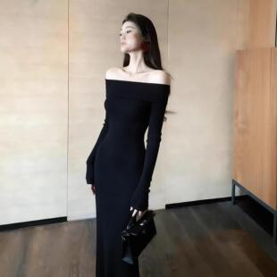 又宴会场合年会飒御姐感女针织又高级晚礼服黑色漂亮连衣裙重要a