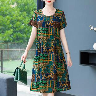 棉绸人造棉裙子洋气碎花中老年时尚妈妈连衣裙夏季2025新款女装年