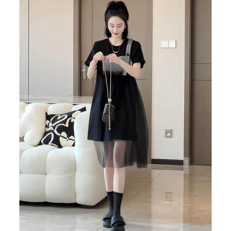 T恤格子黑色连衣裙A不规