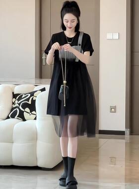 T恤格子黑色连衣裙A不规则字设计网纱拼接韩系感新款1012夏季现货
