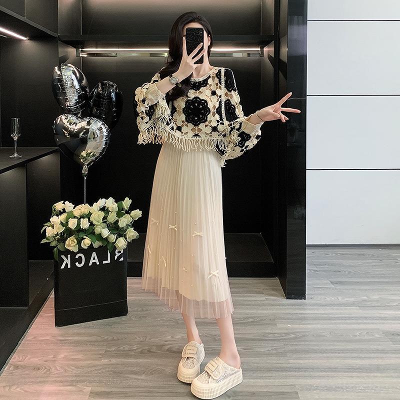 女风穿度假2025针织钩花罩衫搭夏季套裙网纱两件套时尚半身裙镂空