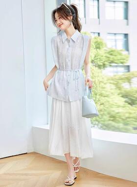 系带收腰衬衣衬衫新款无袖60864刺绣气质夏季高级优雅感御姐显瘦