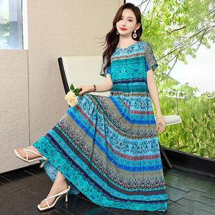 夏季摆长度假连衣裙风裙子洋气裙大妈妈新款女棉绸年轻沙滩高级感