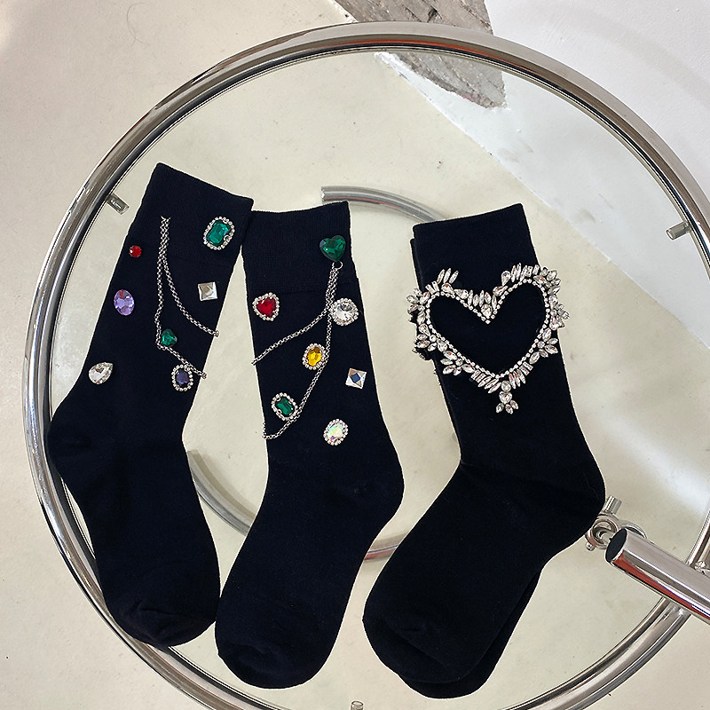 春夏奢华手工闪亮钻石灭霸链条堆堆袜爱心钻ins潮黑色中筒短靴袜