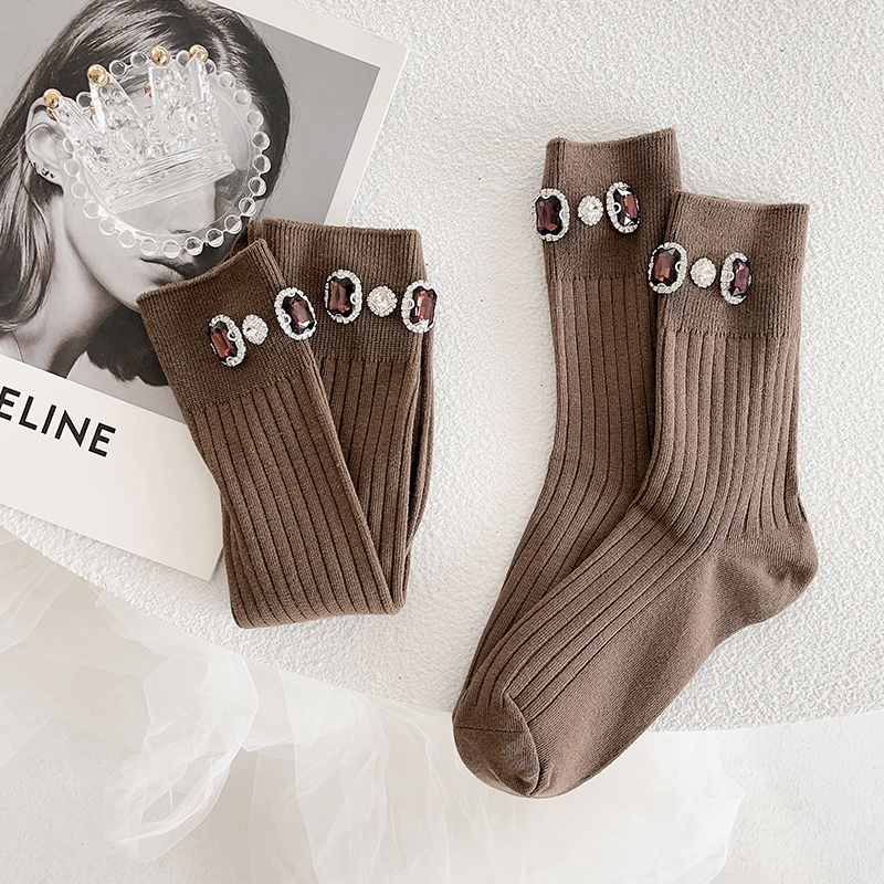 奢华水钻竖纹显瘦小腿纯棉袜子女