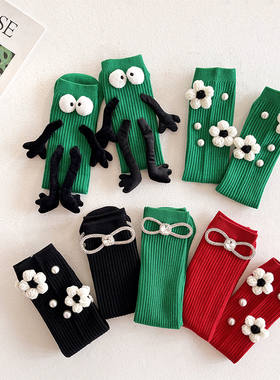 秋冬宝宝童袜子中筒绿色ins潮小花蝴蝶结珍珠手工亮钻公主高筒袜