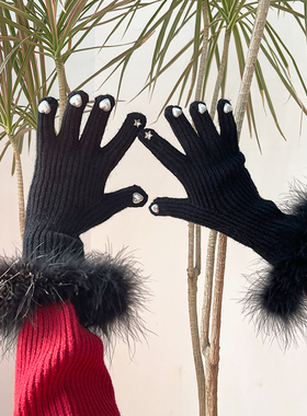 韩国手缝羽毛羊毛触屏保暖钻石珍珠黑色辣妹y2k学生分指手套ins潮