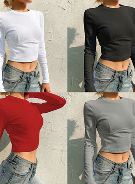 捡漏特价剪镖外贸折扣女装显胸长袖打底衫修身短款露脐短袖T恤女