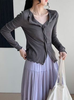 2025新欧货爆款入秋韩系穿搭灰色长袖t薄款小个子v领木耳百搭上衣