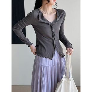 2025新欧货爆款入秋韩系穿搭灰色长袖t薄款小个子v领木耳百搭上衣