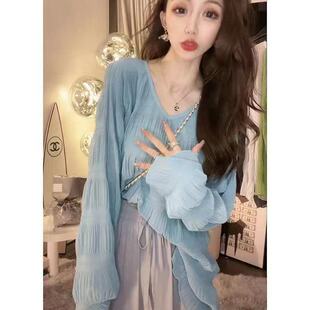 女夏季 慵懒风法式 防晒衬衫 喇叭长袖 遮肉薄上衣 设计感褶皱雪纺衫