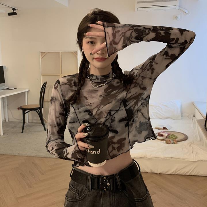 长袖韩版薄款防晒短款扎染水墨灰
